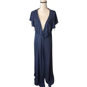 David's Bridal Navy Blue Flutter Sleeve V-Neck Chiffon Maxi Dress F19951 Size 6 thumbnail 2