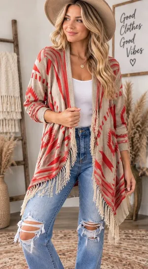 Umgee Red and Tan Fringe Open-Front Cardigan thumbnail 1