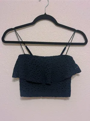 Hollister Eyelet Ruffle Adjustable Spaghetti Strap Crop Tank Top Navy Blue XS thumbnail 2