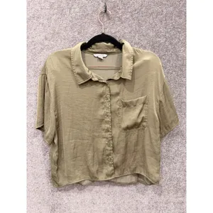 American Eagle Womens Button Down Shirt Small Olive Green Short Sleeve Boxy Fit thumbnail 2