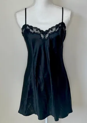 Victoria’s Secret Vintage from 1999 (the 90’s) black satin finish silk slip dress mini dress with floral lace trim along top hem thumbnail 1