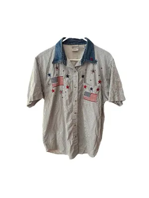 Vintage Quizz Again & Co. Flag Patriotic Cotton Embroidered Shirt Holiday USA thumbnail 2