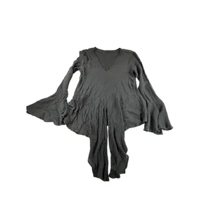 Ruffled Bell Sleeve V-Neck Black Tunic Top Asymmetrical Hem Womens L Gauze thumbnail 5