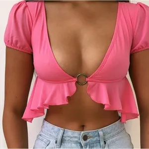 Tiger Mist Crop Top Women's Small‎ Pink O Ring Ruffles Peplum Coquette thumbnail 1