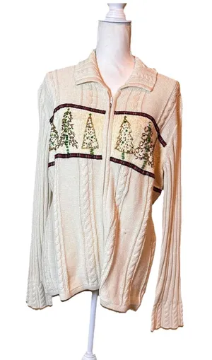 Storybook Knits Christmas Tree Zip Cardigan Sweater Beaded Cable‎ Knit Large NWT thumbnail 1