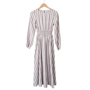 Petal & Pup Striped Linen Blend Smocked Midi Dress Cream Wine Long Sleeve XS NEW thumbnail 2