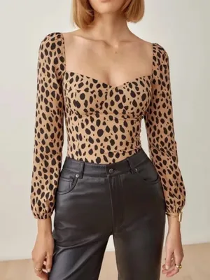 Reformation Reign Top Bobcat Animal Print Size 0 Tan Black Smocked thumbnail 1