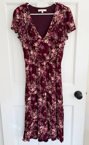 WAYF Burgundy Floral Midi Dress M V Neck Lined Boho Cottagecore‎ thumbnail 1