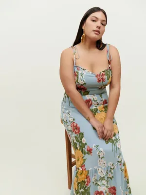 Reformation Enya Floral Ruffle Light Blue Midi Dress thumbnail 2