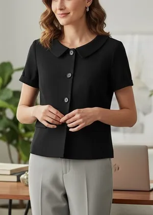 Theory Black Peter Pan Collar Textured short‎ Sleeve Four Button Career Blazer thumbnail 1