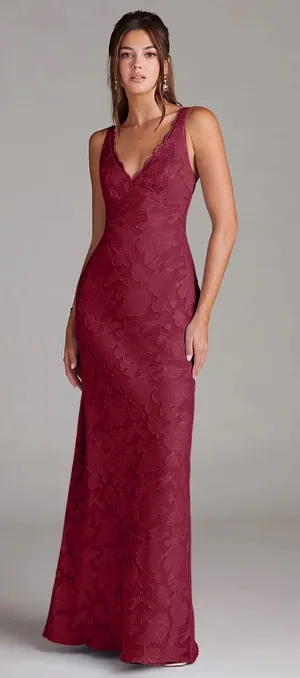 Azazie Burgundy Sheath Lace Floral Burnout Dress thumbnail 1