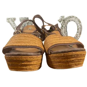 UGG Women’s Brown Leather T-Strap Woven Detail Wedge Espadrille Sandals Size 9 thumbnail 16