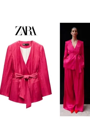 NWT ZARA Women's Blazer Wrinkle Effect Belted fuchsia Hot Pink Medium thumbnail 4