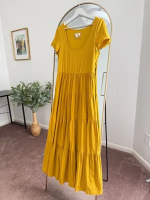 Anthropologie, Maeve, Gillian, Mustard, Tiered, Maxi Dress, Cotton, Puff Sleeve thumbnail 4