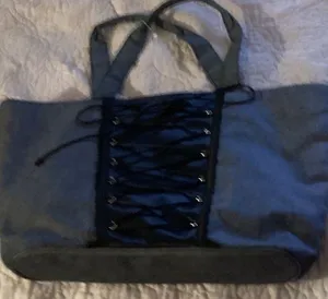 Victoria's Secret Dark Grey Denim Lace Corset Pink satin handbag purse tote bag thumbnail 1