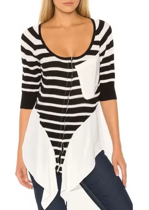 Free People‎ Knit Blouse Black White Striped Tie Front Boho Casual Size XS thumbnail 1