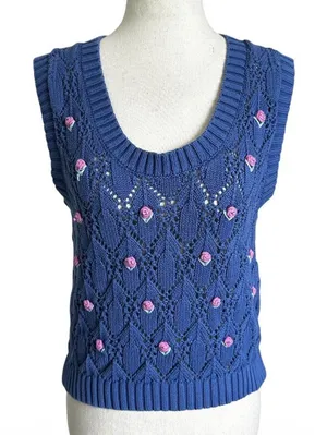 Zara Blue Knit V-neck Size Medium Vest Top Flowers Sleeveless Cotton | 14-33 thumbnail 1