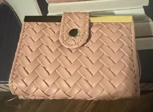 Pink woven leather wallet with thumbnail 1