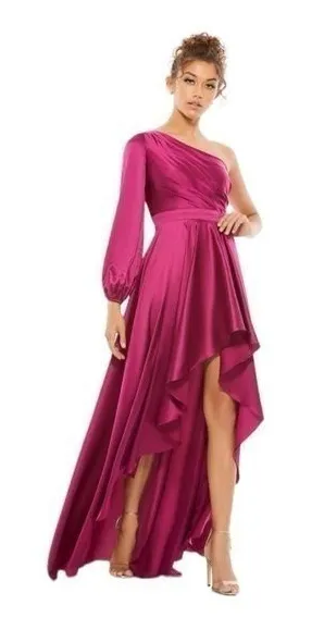 Mac‎ Duggal High Low One Shoulder Flowy Gown Maxi Dress 49141 Berry Size 8 NWT thumbnail 1