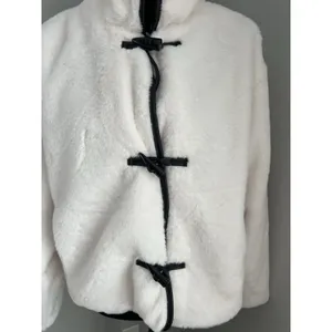 Sabrina Lauren Women's Large Faux Fur Toggle Coat Luxe Look White W/‎ Black Trim thumbnail 3
