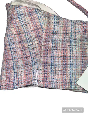 ZARA NWT Tweed Boucle Knit Corset Crop Top Bralette Pink & blue metallic accent Sz Large thumbnail 6