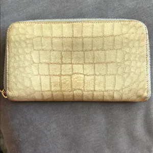 Miu Miu Metallic Gold Croc-Embossed Wallet with light blue interior. thumbnail 6