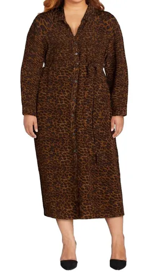 Time and Tru Womens Shirt Dress Size XL Brown Leopard Button-Front Long Sleeve thumbnail 1