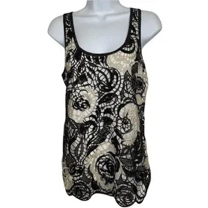 EXPRESS Black and Ecru Crochet Sequin Adorned Scalloped Hem‎ Top EUC Size Small thumbnail 2