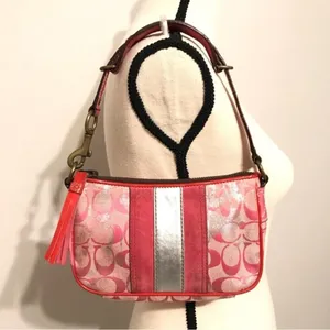 COACH Vintage Y2K Mini Monogram Suede/Leather Trim Canvas Shoulder Bag Hot Pink thumbnail 9