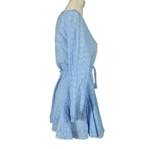 GB Eyelet Lace Mini Dress Womens L Light Blue Braided Tie Waist Long Sleeve Boho thumbnail 4