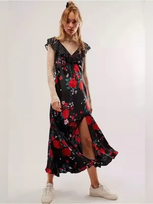Free People Warm‎ Hearts Satin Midi Dress Size XS Lace Floral Dainty Romantic thumbnail 15