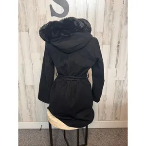 H&M Black Trench Coat Small | Faux Fur Collar Hooded Belted Winter Coat thumbnail 4