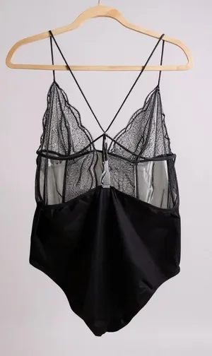 Calvin Klein Black Lace Mesh Strappy Teddy Bodysuit L XL thumbnail 1