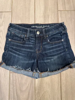American Eagle Outfitters Dark Blue Denim Frayed Hem Jean Shorts thumbnail 3