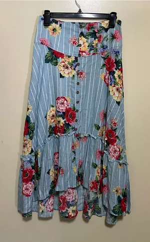 Anthropologie Maeve Blue Striped High-Low Floral Button Skirt thumbnail 1