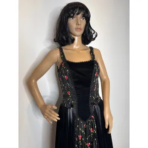 Late 80s Jeannie Nitro Gothic black velvet silk floral embroidered corset gown s thumbnail 9