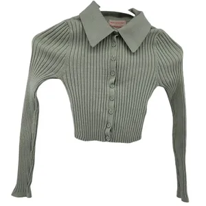 Urban Outfitters Skylar Ribbed Button-front Cropped Sweater Top Collar Green XS thumbnail 2