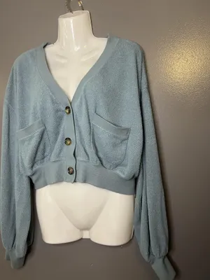 Urban Outfitters Cardigan Sweater Womens Large Green Knit Cropped Pockets thumbnail 4