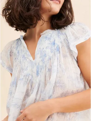 Free People FP One Printed Padma Top White Blue Toile Pattern Crop Blouse Top S thumbnail 2