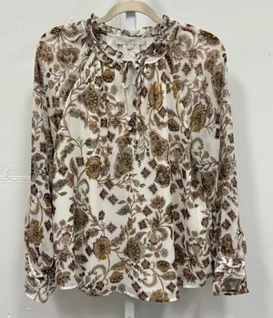 Loft Women's Paisley Floral Ruffle Neck Keyhole Blouse‎ Cream Brown Size M thumbnail 1