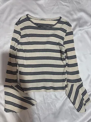 Zara Cream and Navy Striped Ribbed Bell-Sleeve Top thumbnail 1