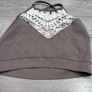 Womens Ribbed Lace Trim Bralette Brown High Neck Seamless Cami Top‎ XL XLarge thumbnail 4