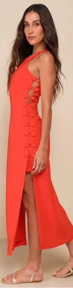 Lulus Masterfully Mod Bright Orange Side Button Midi Dress Size XL Sleeveless thumbnail 1