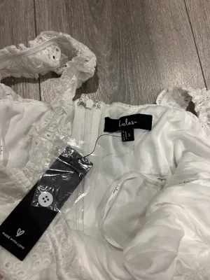 New Lulus Nerissa White Eyelet Embroidered Ruffled Drop Waist Midi Dress Size XS thumbnail 8