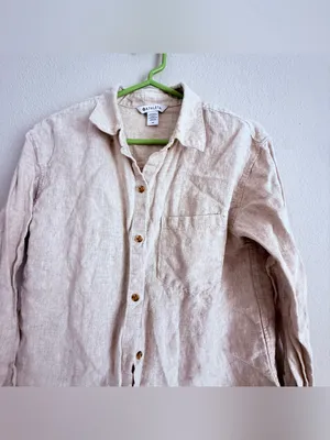 Athleta Linen Shirt Womens M Oatmeal Long Sleeve Button Down Casual Pocket Top thumbnail 3
