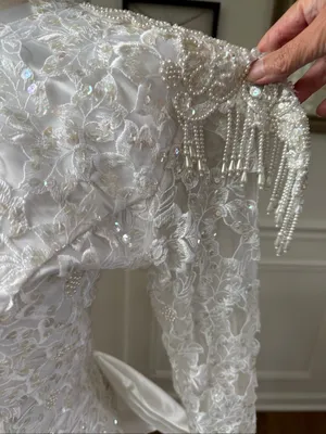 Vintage 80s Wedding Dress Heavily Embellished Long Sleeve Plunging Back S M 6 thumbnail 7