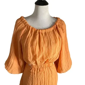 VICI Womens Open Back Balloon Sleeve Mini Dress Size S Orange Crinkle Textured thumbnail 6