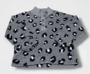 LOFT‎ Grey Leopard Print Sherpa Fleece Mock Neck Pullover thumbnail 1