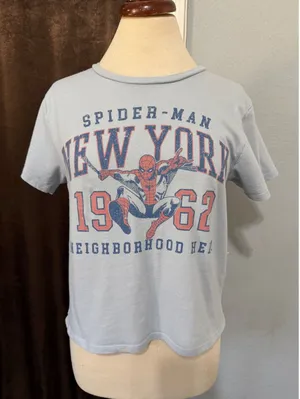 Marvel Spider-Man New York 1962 Graphic Tee Light Blue XL Short Sleeve Crop Top thumbnail 1