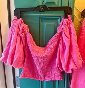 Young Fabulous & Broke Pink Linen Smocked Puff Sleeve Top Wide Leg Slit Pant Set Extra Small thumbnail 8